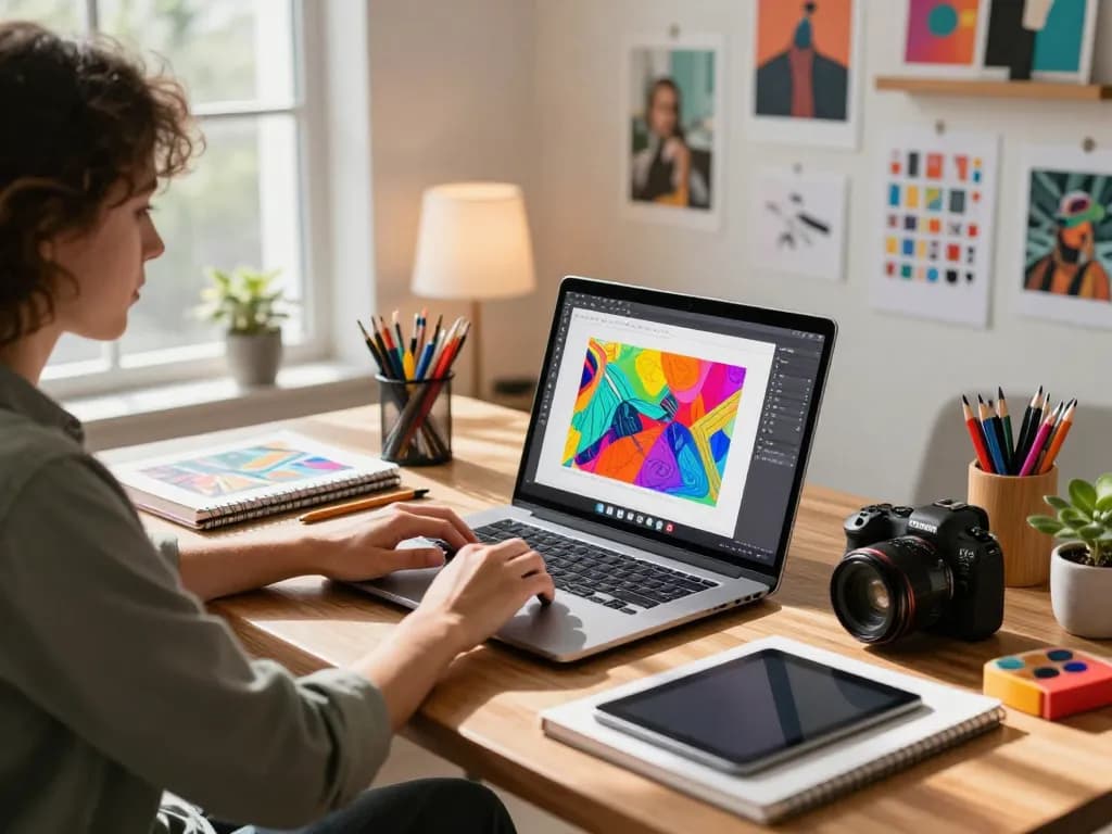 An immersive scene depicting a graphic designer using an image to prompt generator in a vibrant digital workspace, filled with design tools and natural light.