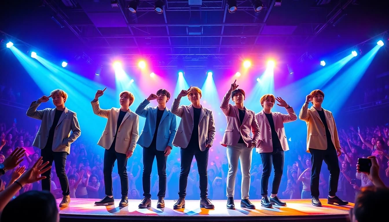 BTS members performing energetically on stage surrounded by vibrant lights and fans.