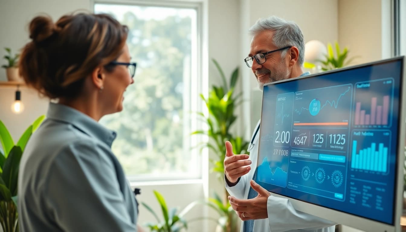 Calculate your biological age with a health advisor using a biological age calculator in a modern setting.