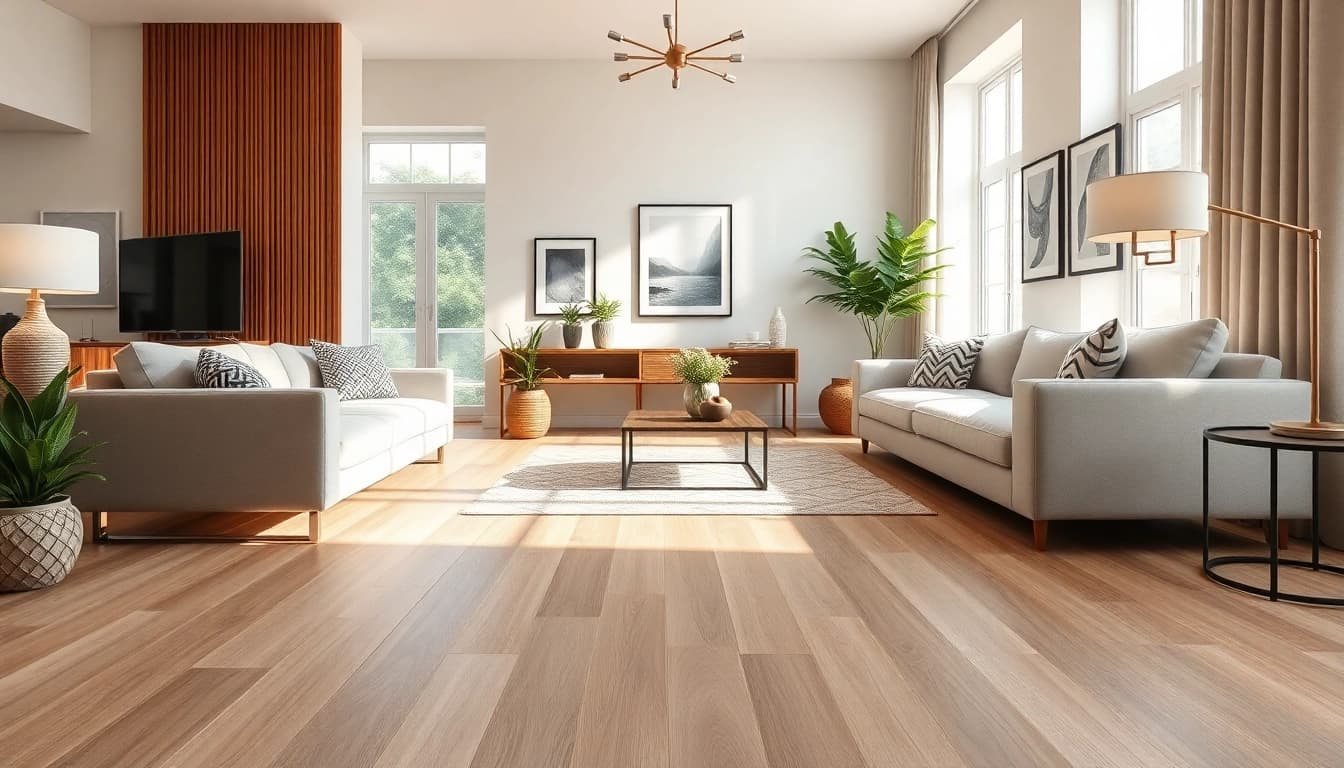 Explore luxury vinyl flooring with rich textures in a stylish modern living room.