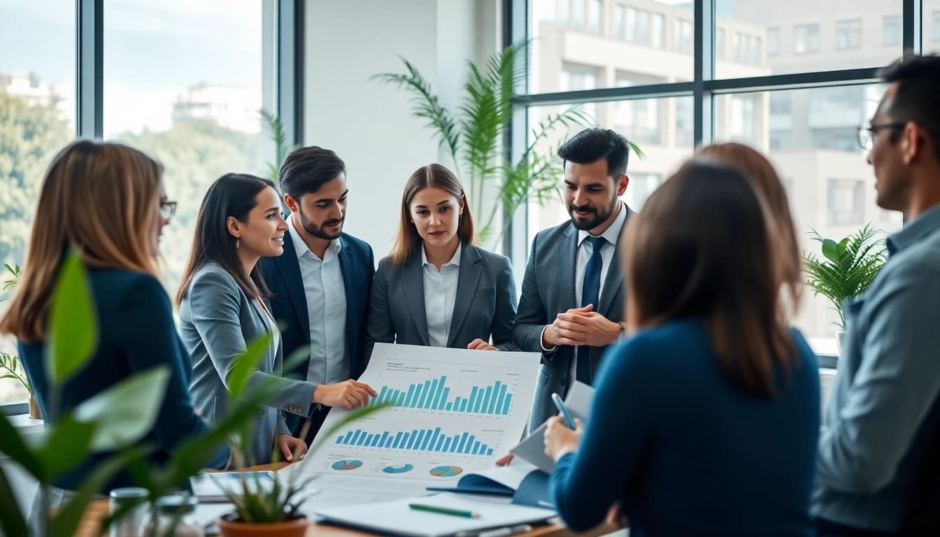 Analyze competitor pricing strategies with a professional team in a bright office.