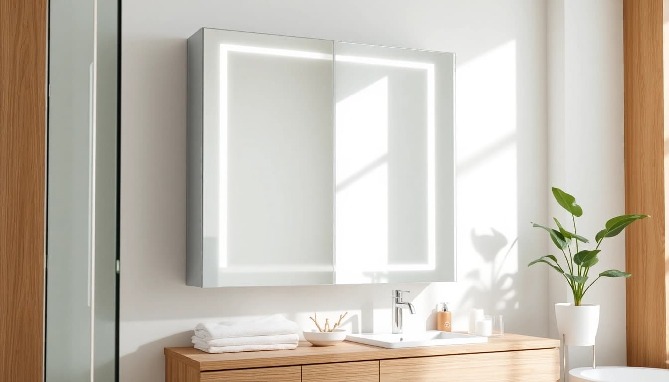 Spiegelschrank mit LED Beleuchtung in modernem Badezimmerdesign - elegante Beleuchtung und Stauraum