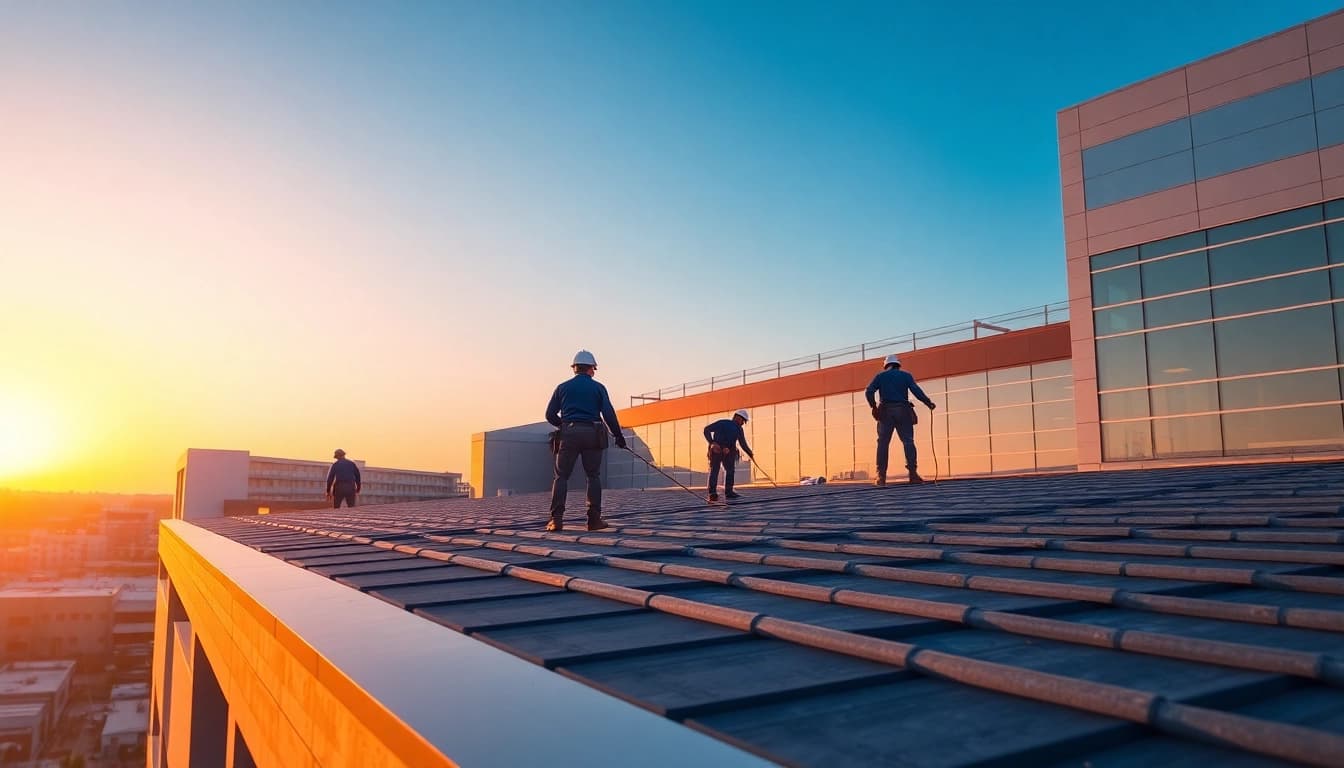 Skilled professionals completing commercial roofing services on an upscale building at dusk.