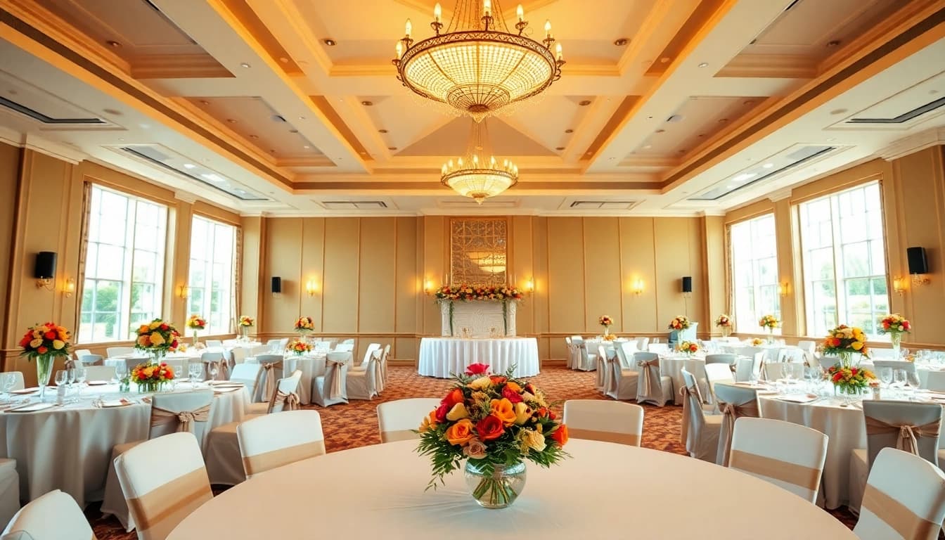 Stowe Venue Hire elegantly set up for a grand event with floral decorations and bright lighting.