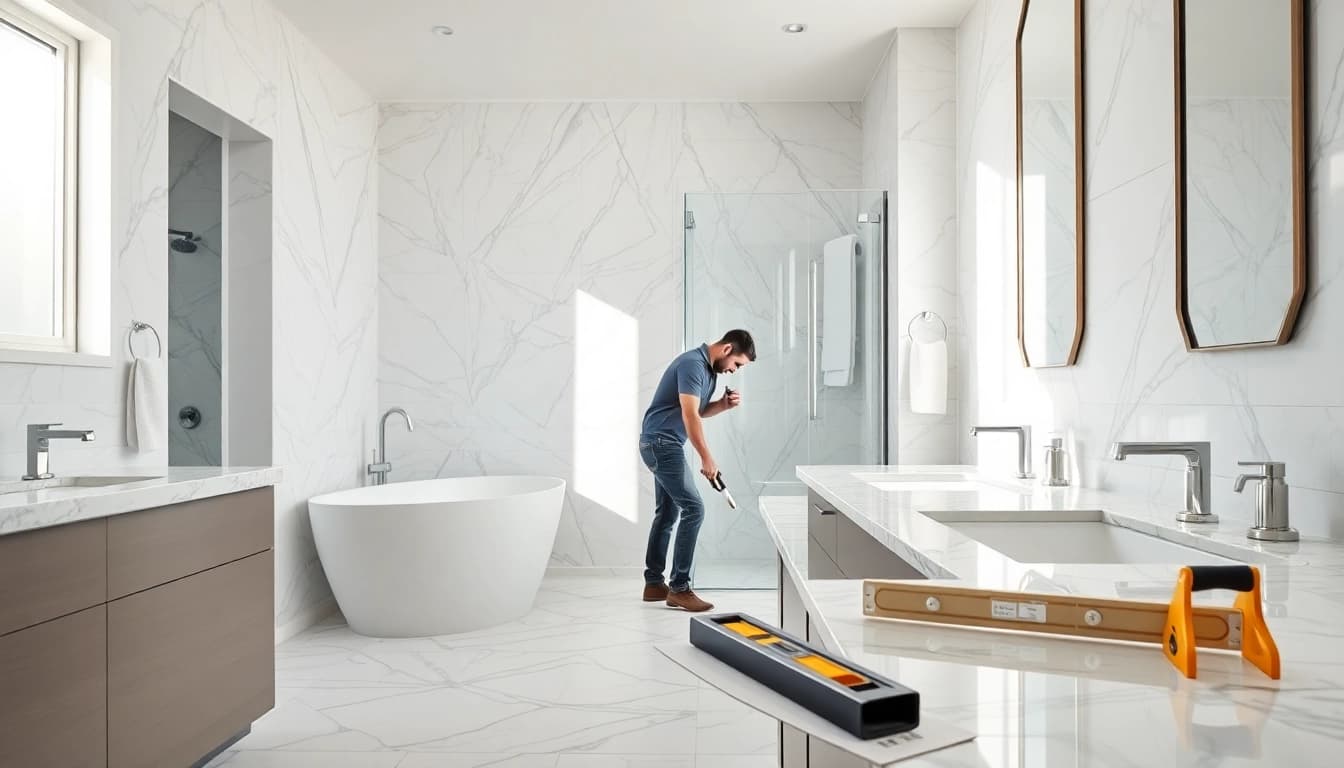Skilled bathroom builders installing elegant tiles in a luxurious renovation project.