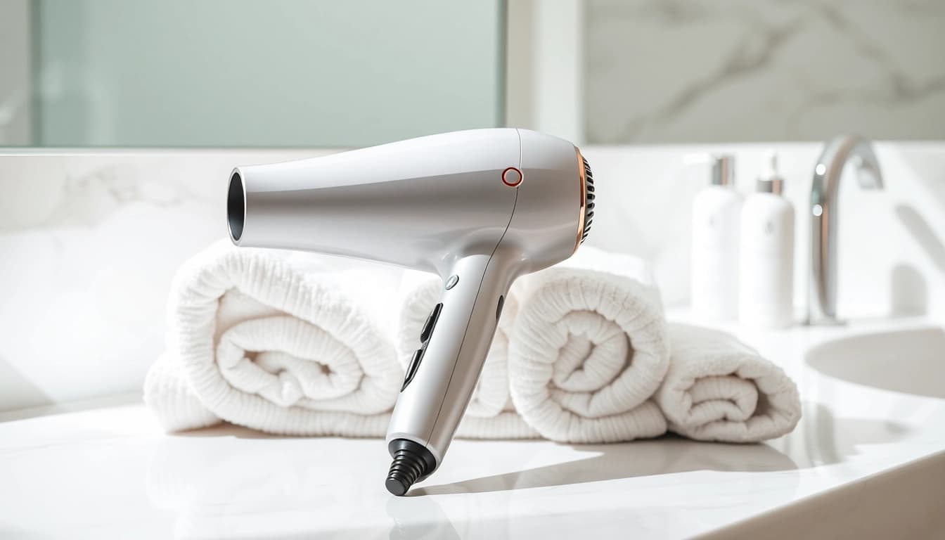 Showcasing an ionic hair dryer with a sleek design, perfect for styling in modern bathrooms.