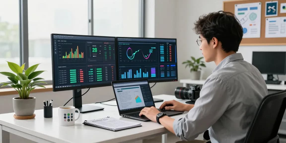 VPS hosting performance analysis in a modern tech workspace with dual monitors and optimization notes.