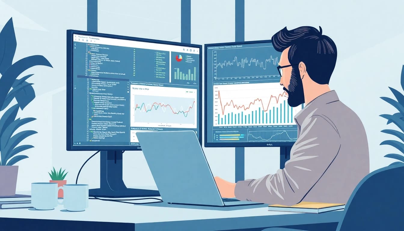 Web scrapping setup with financial charts and code, showcasing data extraction for e-commerce.