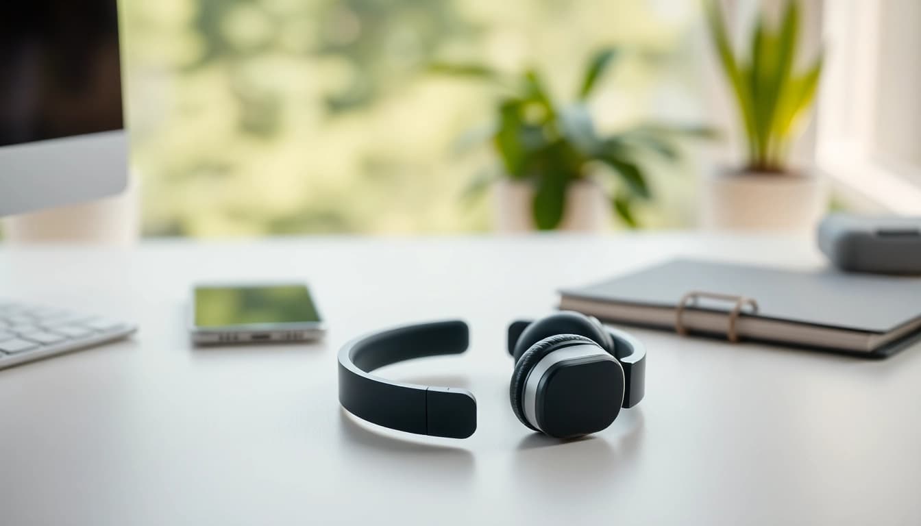 Showcasing Bone X2 Bone Conduction Headphones on a minimalist desk with tech accessories and greenery.