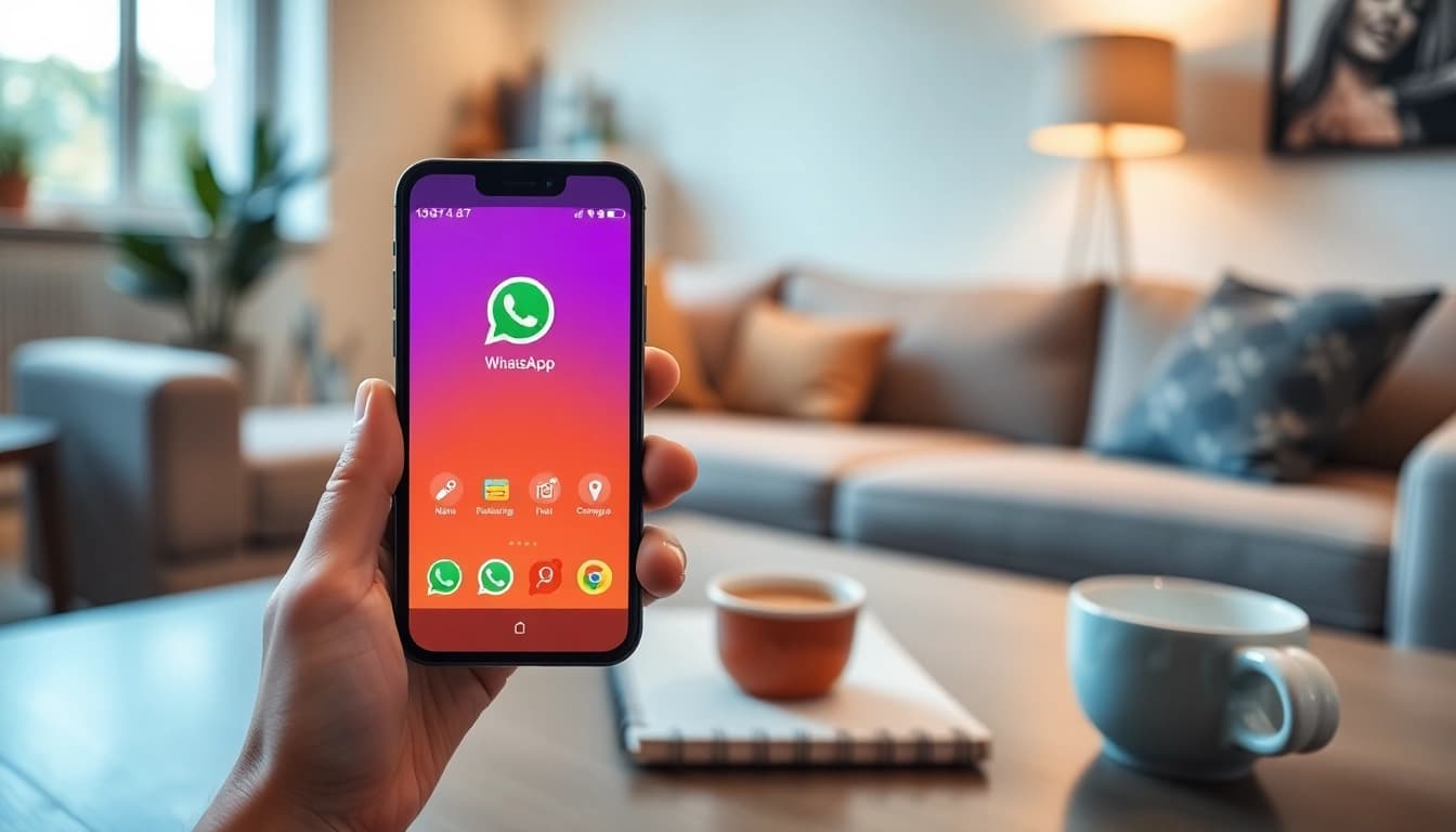 Explore the GB WhatsApp app interface on a smartphone in a cozy, modern setting.