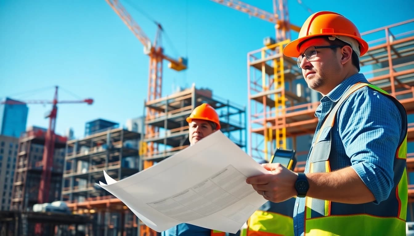 New York City General Contractor supervising a bustling construction site in Manhattan.