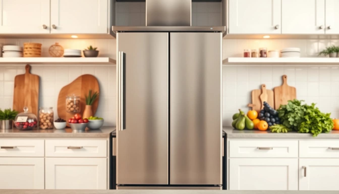 Feature a modern freezer in a professional kitchen, highlighting its sleek design and functionality.