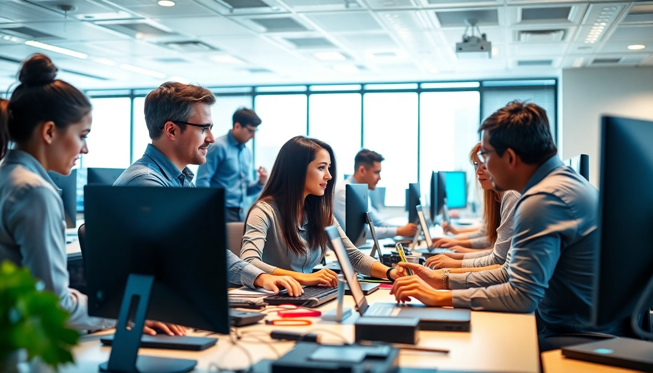 Team providing managed IT services Lakeland in a modern office, showcasing technology and collaboration.