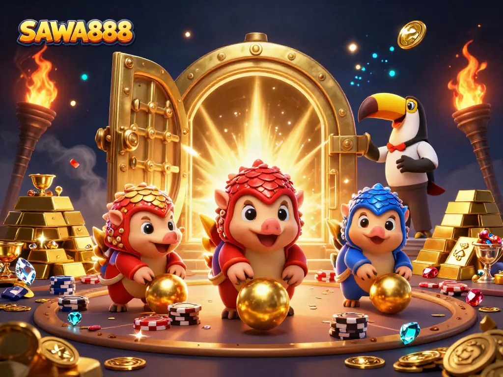 Join the excitement of SAWA888 as colorful pangolins roll through golden treasures in an engaging casino battle.