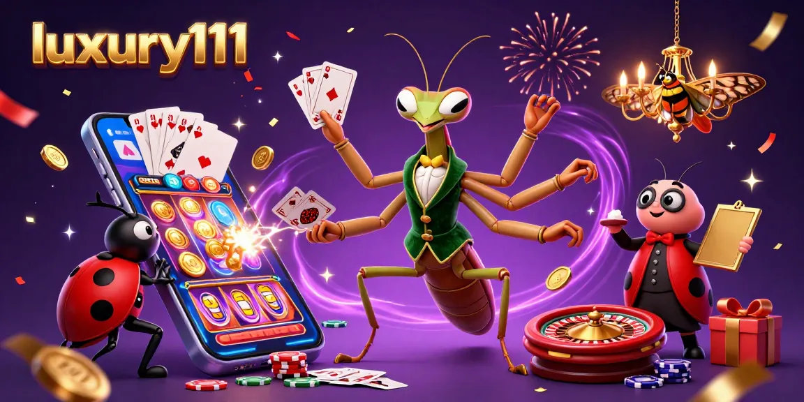 Watch a luxury111-themed giant mantis card sharp dazzlingly dealing cards while surrounded by cascading casino elements.