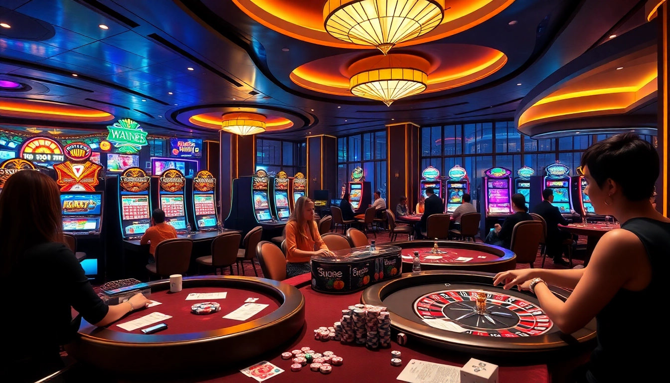 MM88 players enjoying a vibrant casino atmosphere with poker games and slot machines.