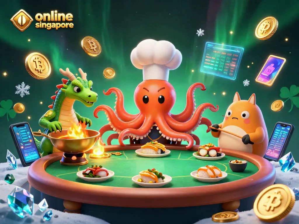 Engage in online poker singapore with a lively scene featuring a cartoon octopus chef, dragon, and tanuki at a vibrant poker table.