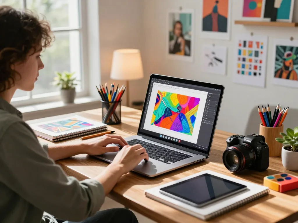 An immersive scene depicting a graphic designer using an image to prompt generator in a vibrant digital workspace, filled with design tools and natural light.