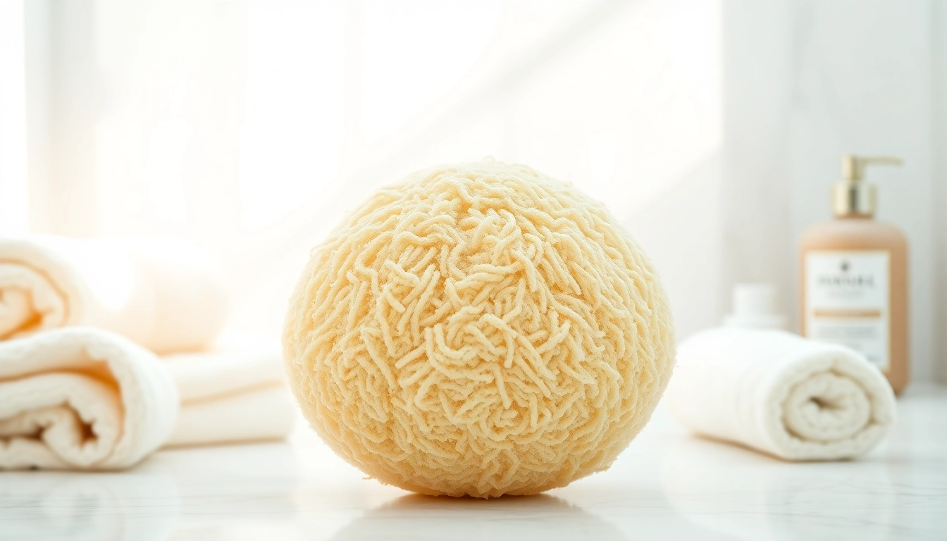 Examine a raw loofah sponge with natural fibers in a serene bathroom setting and soft lighting.