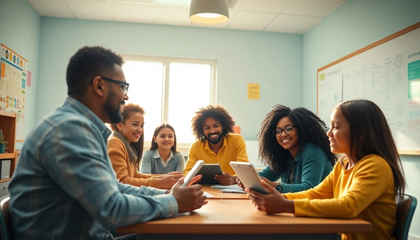 Education innovation classroom scene with diverse students and digital learning tools.