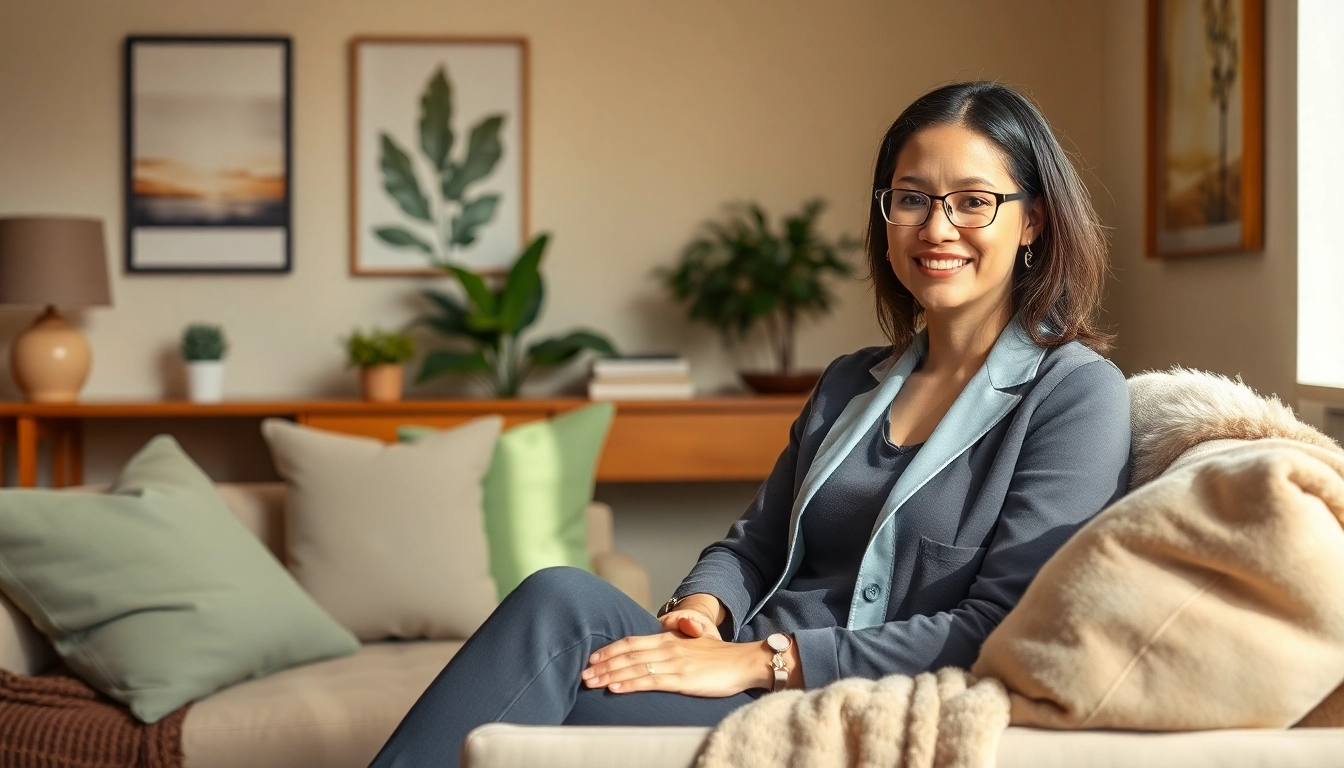 Engaging therapist in a cozy office setting representing Donna Morgan Counselling's welcoming environment.