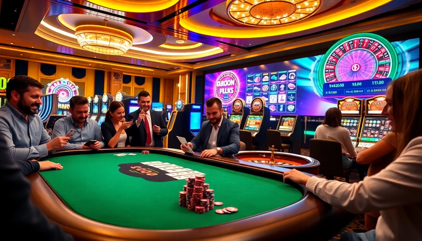 Vivez l'excitation du casino en ligne 2026 avec des joueurs à une table de poker dynamique et des machines à sous étincelantes.
