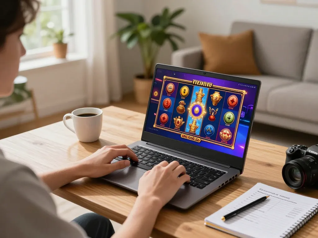 Playing เว็บสล็อตตรง on a laptop in a cozy living room with gaming strategy notes.