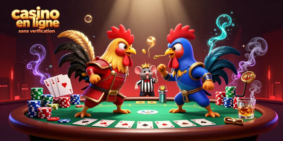 Jouez à des jeux dans un casino en ligne sans vérification, avec des coqs combattants et des éléments de poker colorés.