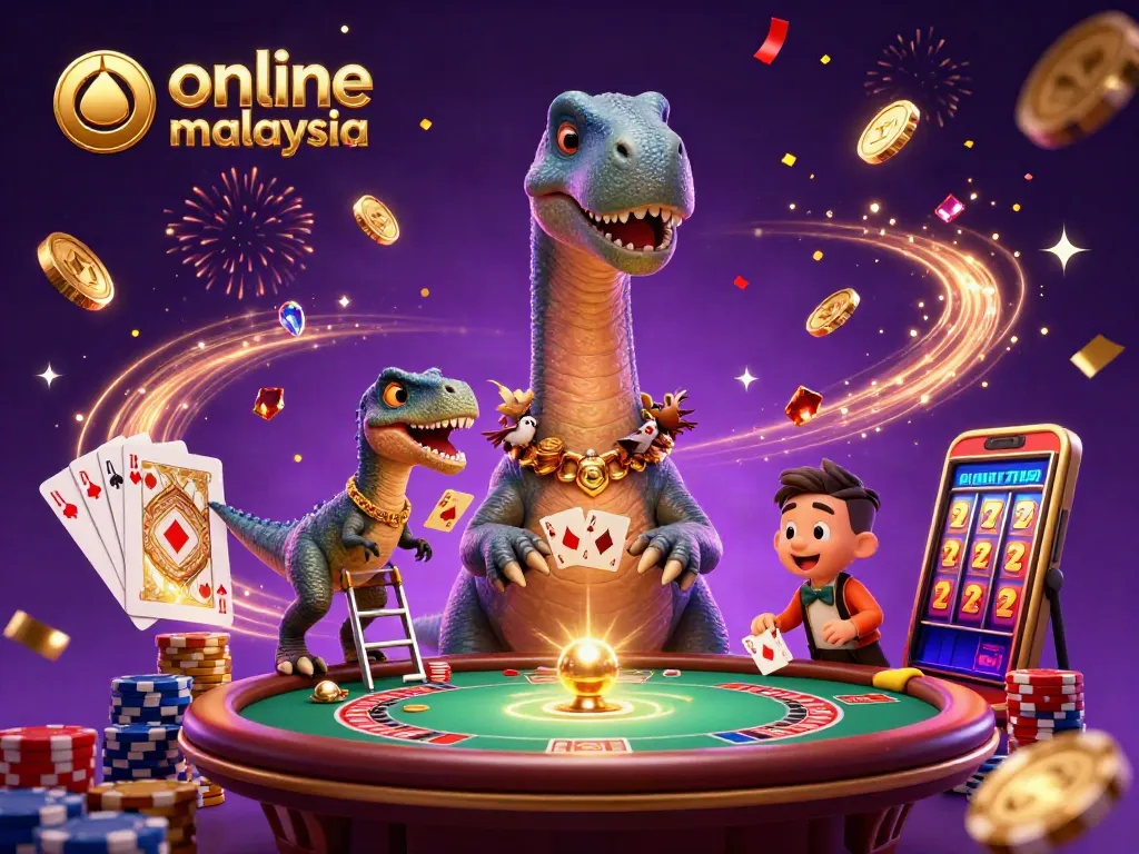 Play at the vibrant online casino Malaysia as a brontosaurus enjoys a game above a poker table.