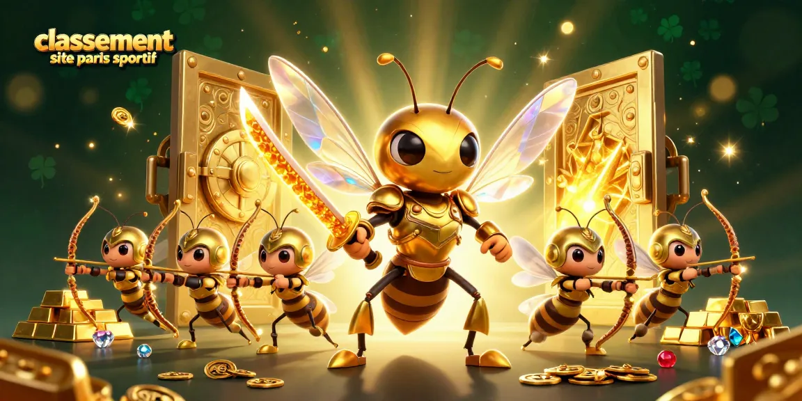 Classement site paris sportif : Illustration ludique d'un hornet samouraï entouré de richesses dorées et de jeux de casino.