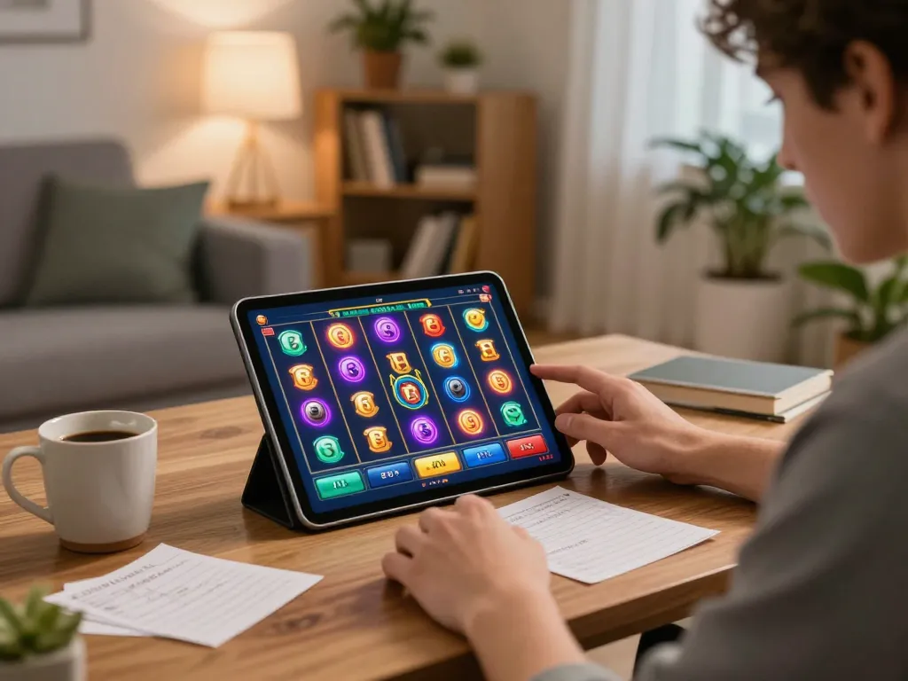 Player enjoying link gacor games on tablet in cozy living room with strategic notes nearby.