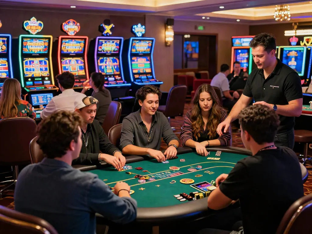 Exciting gaming atmosphere at a credit card casino with players enjoying table games and colorful slot machines.
