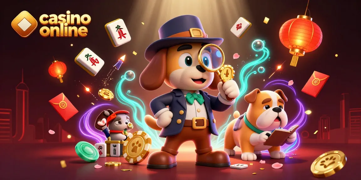 Jeux au casino en ligne avec un détective cartoon analysant un jeton en or et un chien prenant des notes.