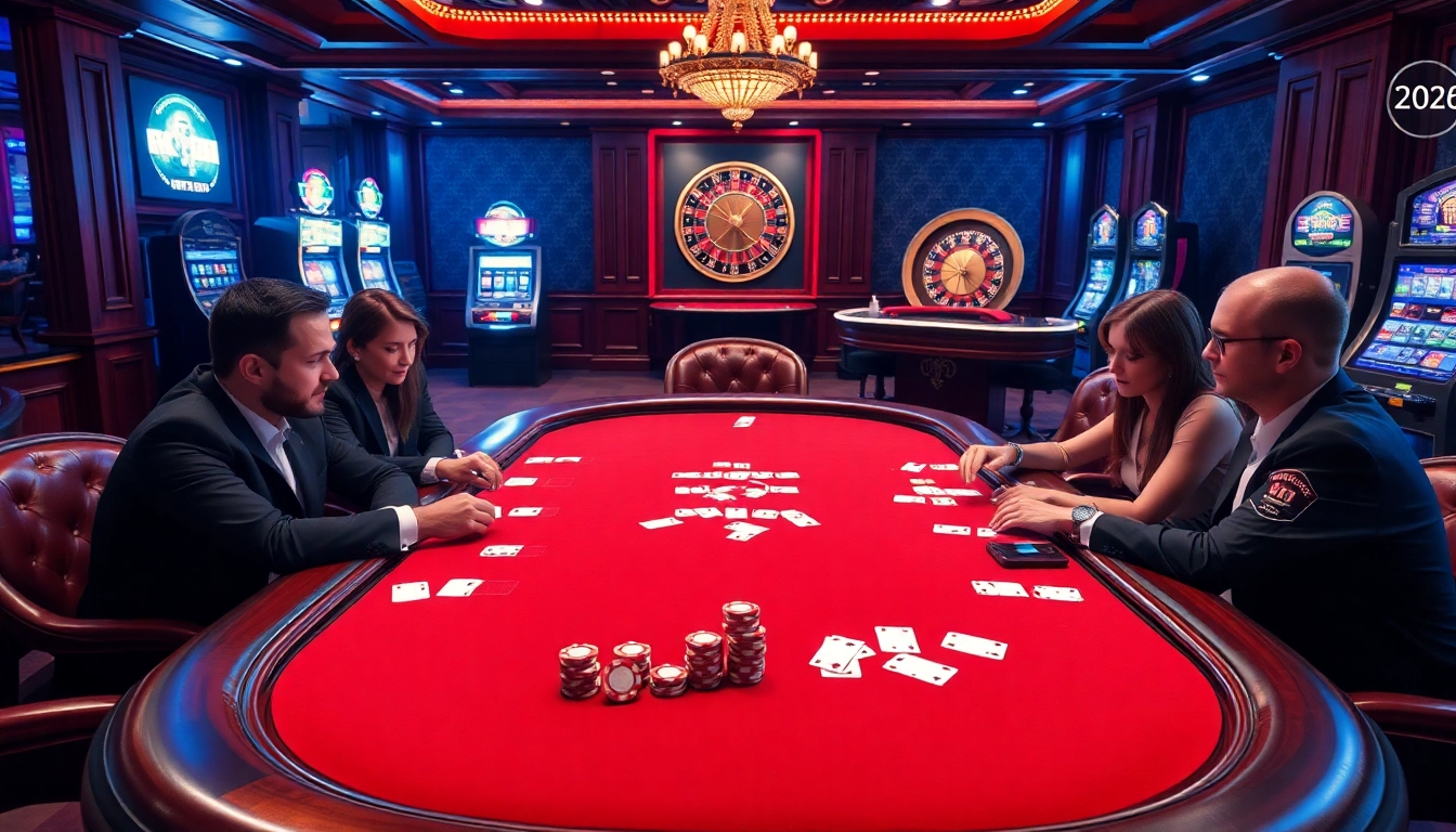Vivez l'excitation au casino en ligne 2026 avec une scène de jeu de poker luxueuse.