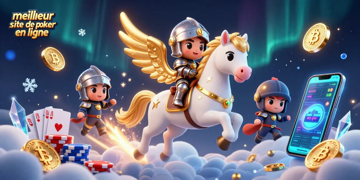 Vivez l'expérience du meilleur site de poker en ligne avec cette illustration dynamique de poker, mettant en avant des éléments de poker entourant un cheval céleste.