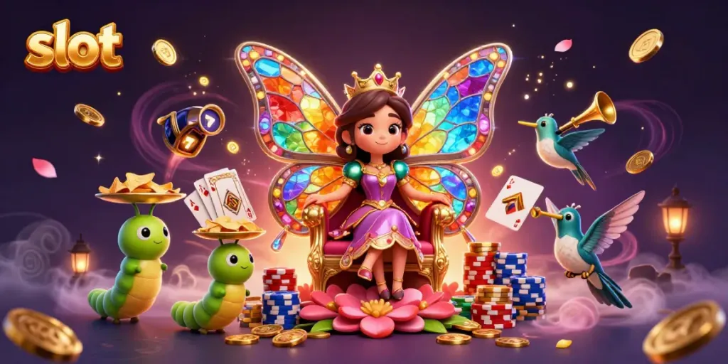 Gambarkan slot yang menampilkan ratu kupu-kupu 3D dengan sayap warna-warni dan elemen kasino lainnya.