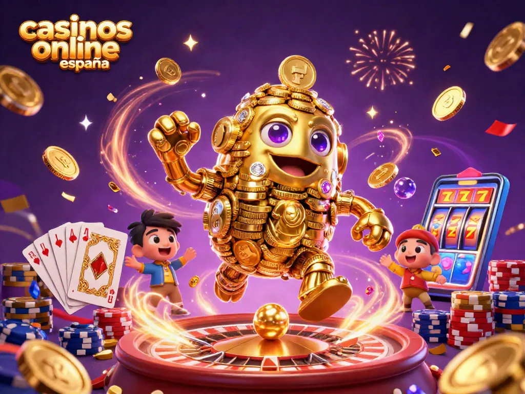 Juega en casinos online España con un ambiente vibrante de oro y diversión, con tragaperras y ruleta.