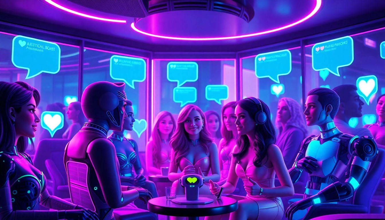 Engaging AI characters in a vibrant digital lounge for adults exploring ai sex interactions.