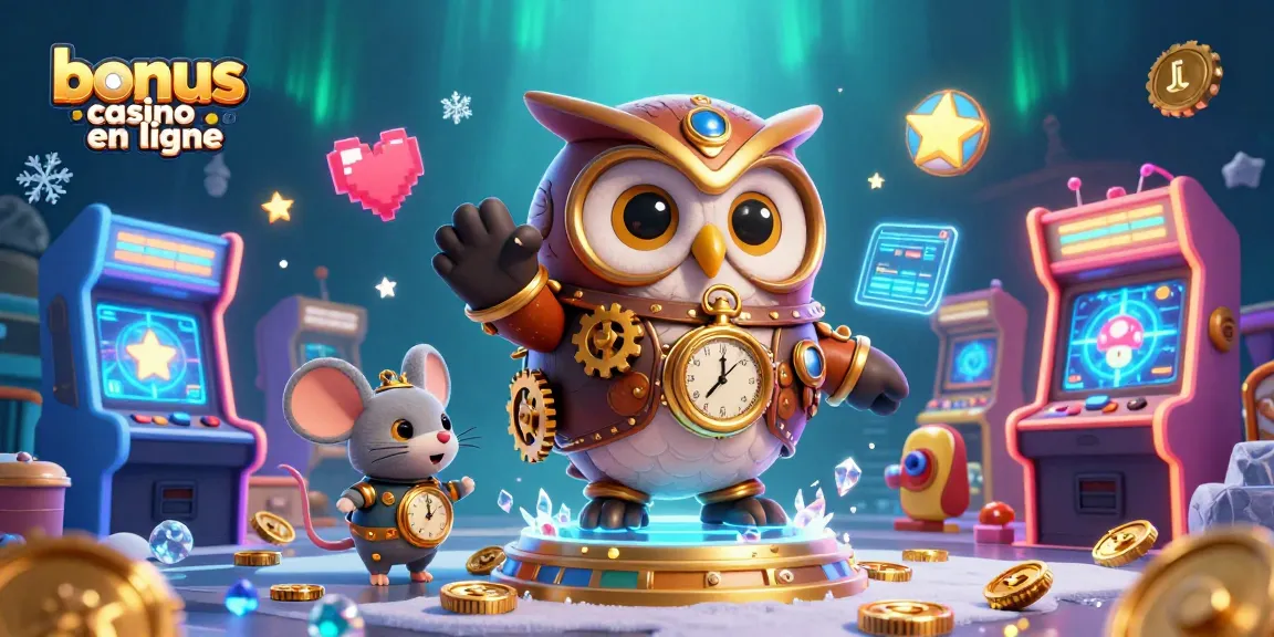 Découvrez notre illustration pleine d'énergie sur le bonus de casino en ligne avec un hibou voyageur et des éléments de casino.