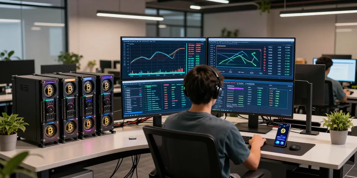 Automated bitcoin mining workspace with computers displaying live metrics and energy usage for cryptocurrency earnings.