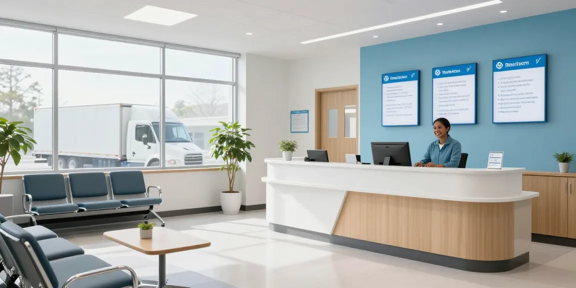 Truck driver health insurance consultation in a modern health clinic setting focused on patient care and wellness.