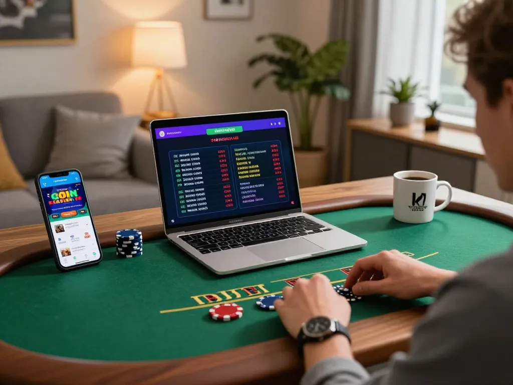 Engaging in live dealer blackjack on 888top with a laptop, showcasing real-time betting options.