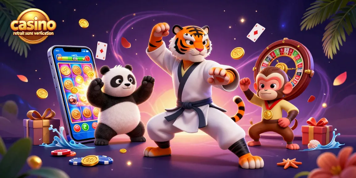 Illustration 3D captivante montrant casino retrait sans vérification avec un tigre maître de kung-fu en pose de grue.