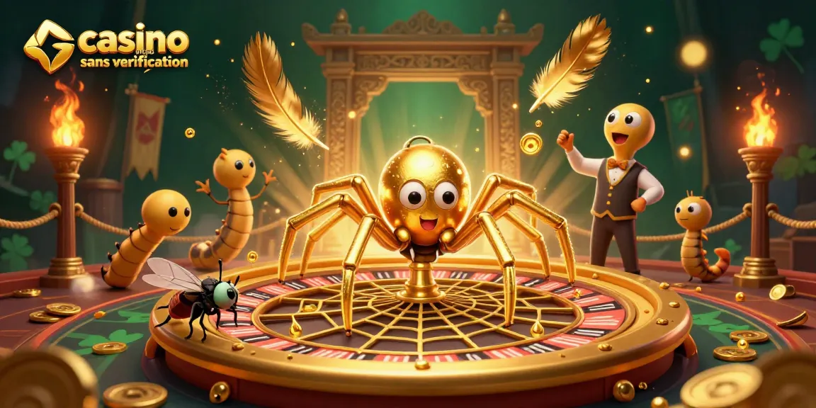 Jouez sur un casino en ligne sans vérification avec une illustration riche et immersive représentant une araignée dorée et un croupier centipède.