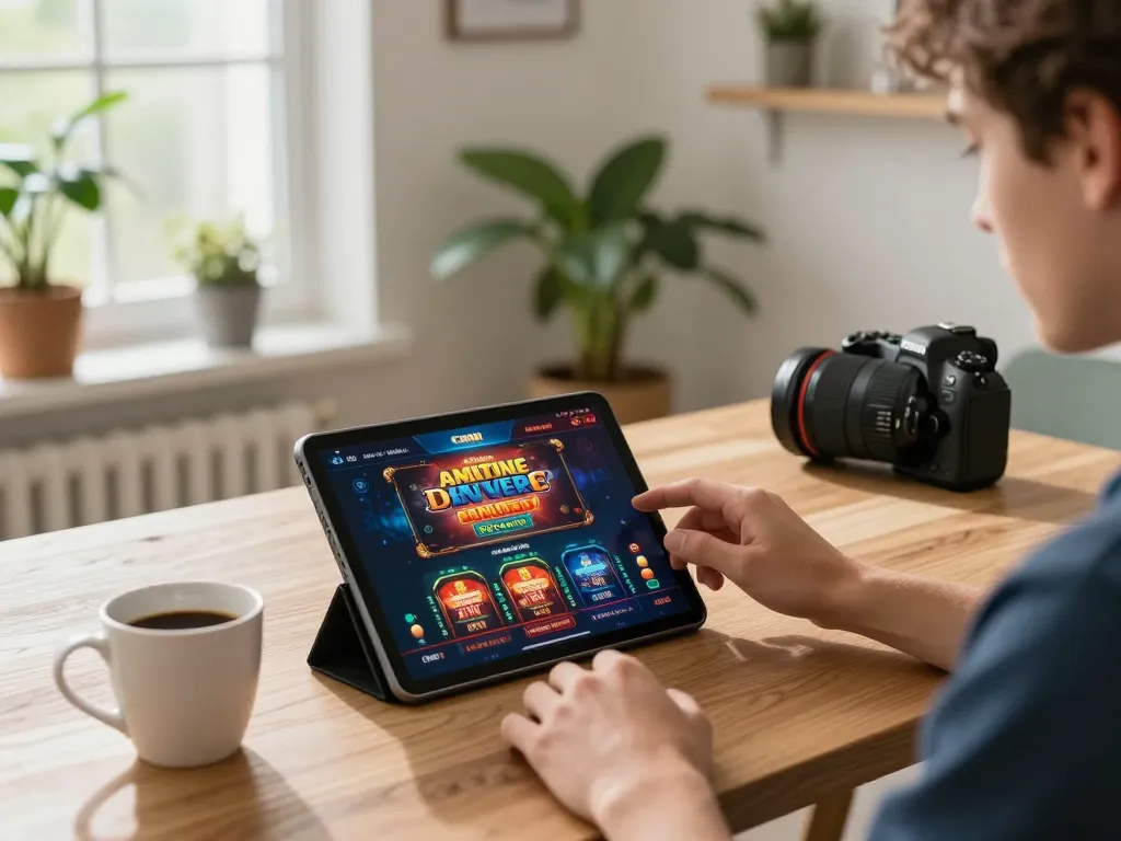 Engaging in casino esteri per italiani on a tablet with a cozy home setup and vibrant app interface.