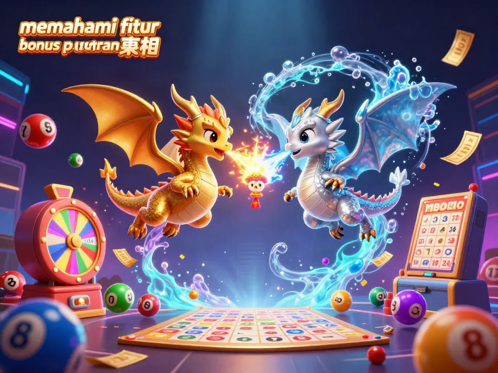 Memahami fitur bonus dan putaran gratis dengan ilustrasi luar biasa dari karakter naga 3D dalam dunia kasino.