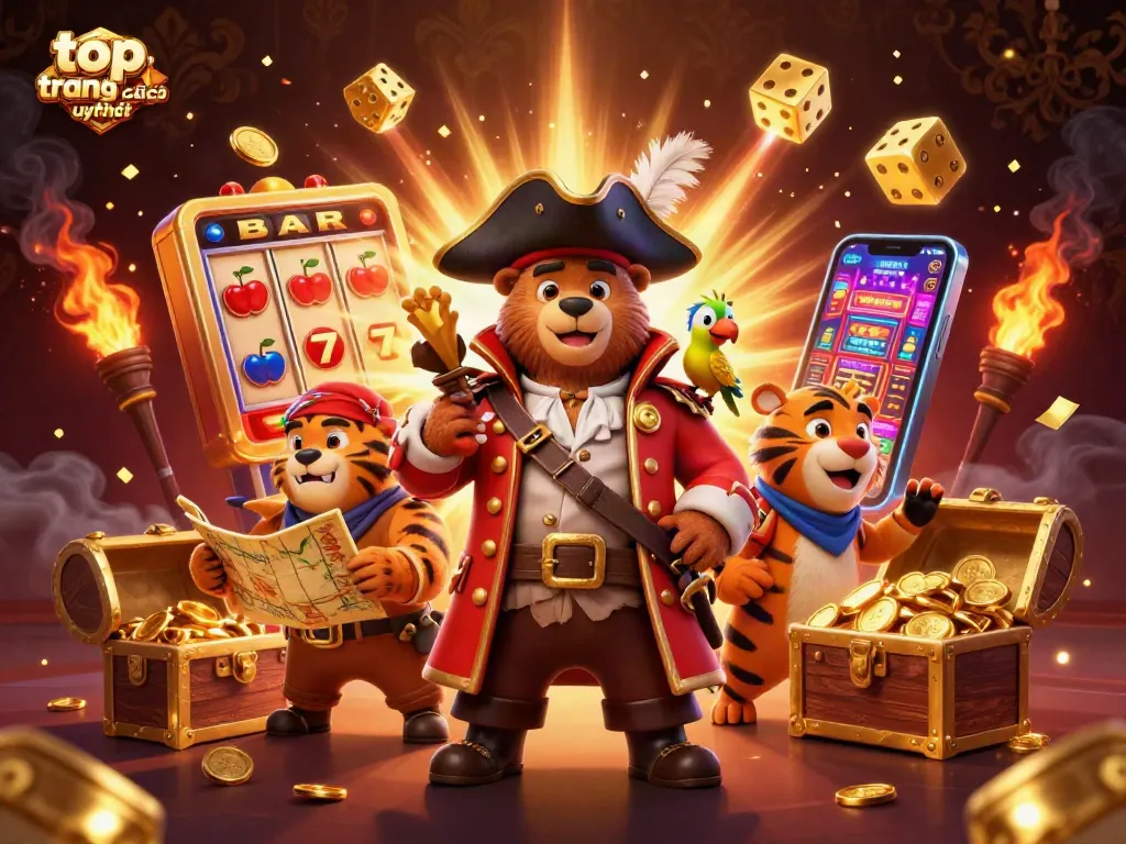 Khám phá top trang cá cược uy tín với hình ảnh sống động của các nhân vật và slot machine.