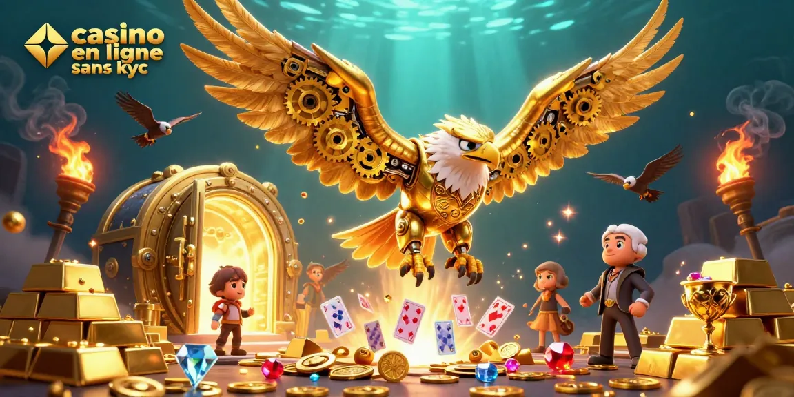 Illustration dynamique représentant un aigle cybernétique plongeant devant un casino en ligne sans KYC avec des cartes holographiques.