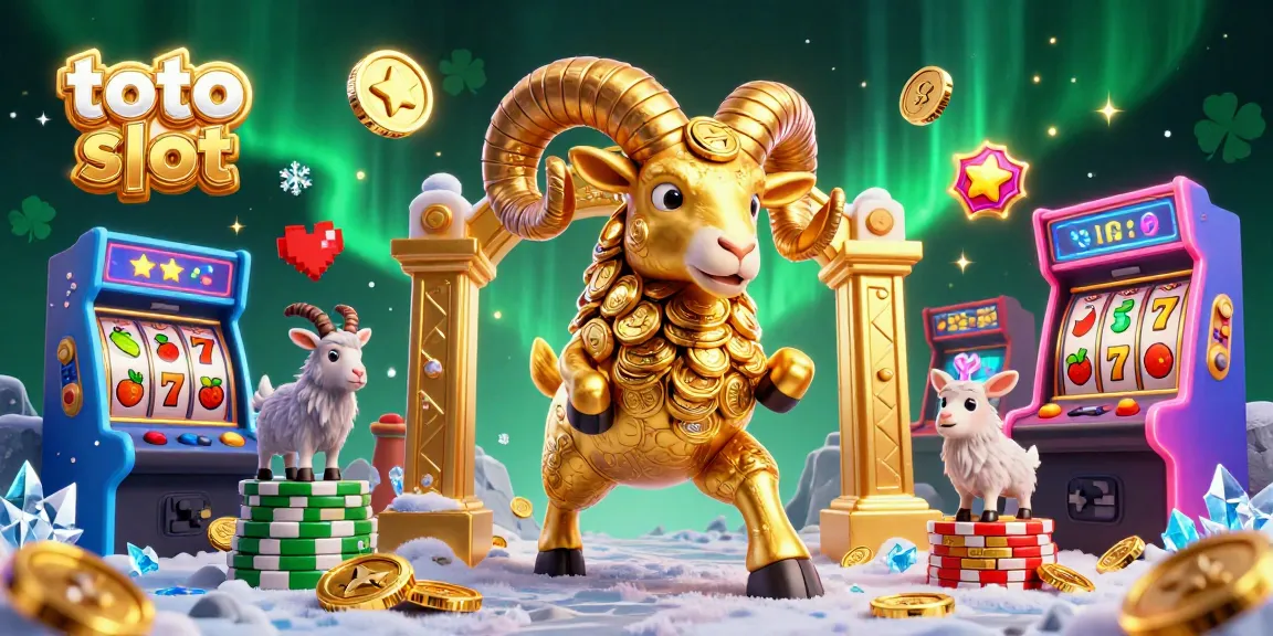 Engage with the thrilling world of toto slot featuring a golden ram amidst vibrant slot reels and arcade elements.