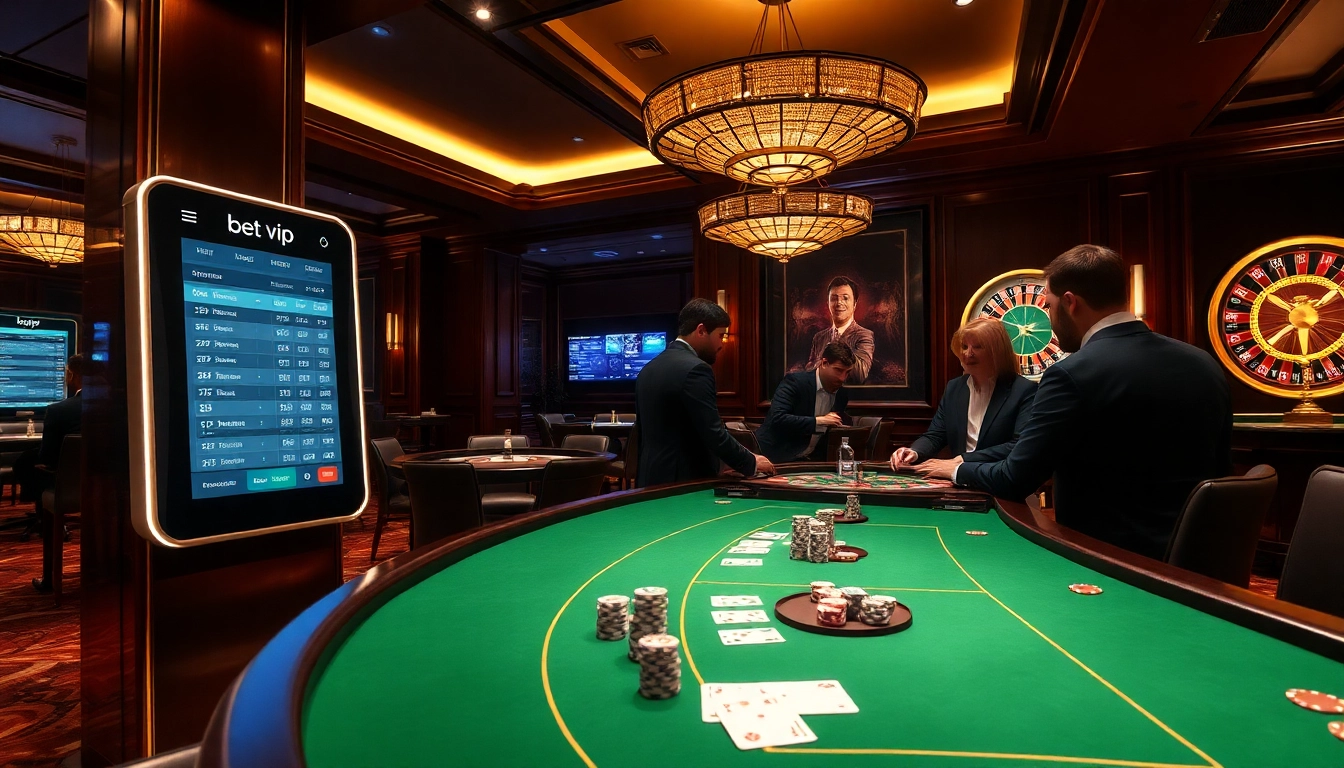 Tương tác với ứng dụng Bet VIP khi người chơi lên chiến lược tại bàn poker cược cao trong một casino sang trọng